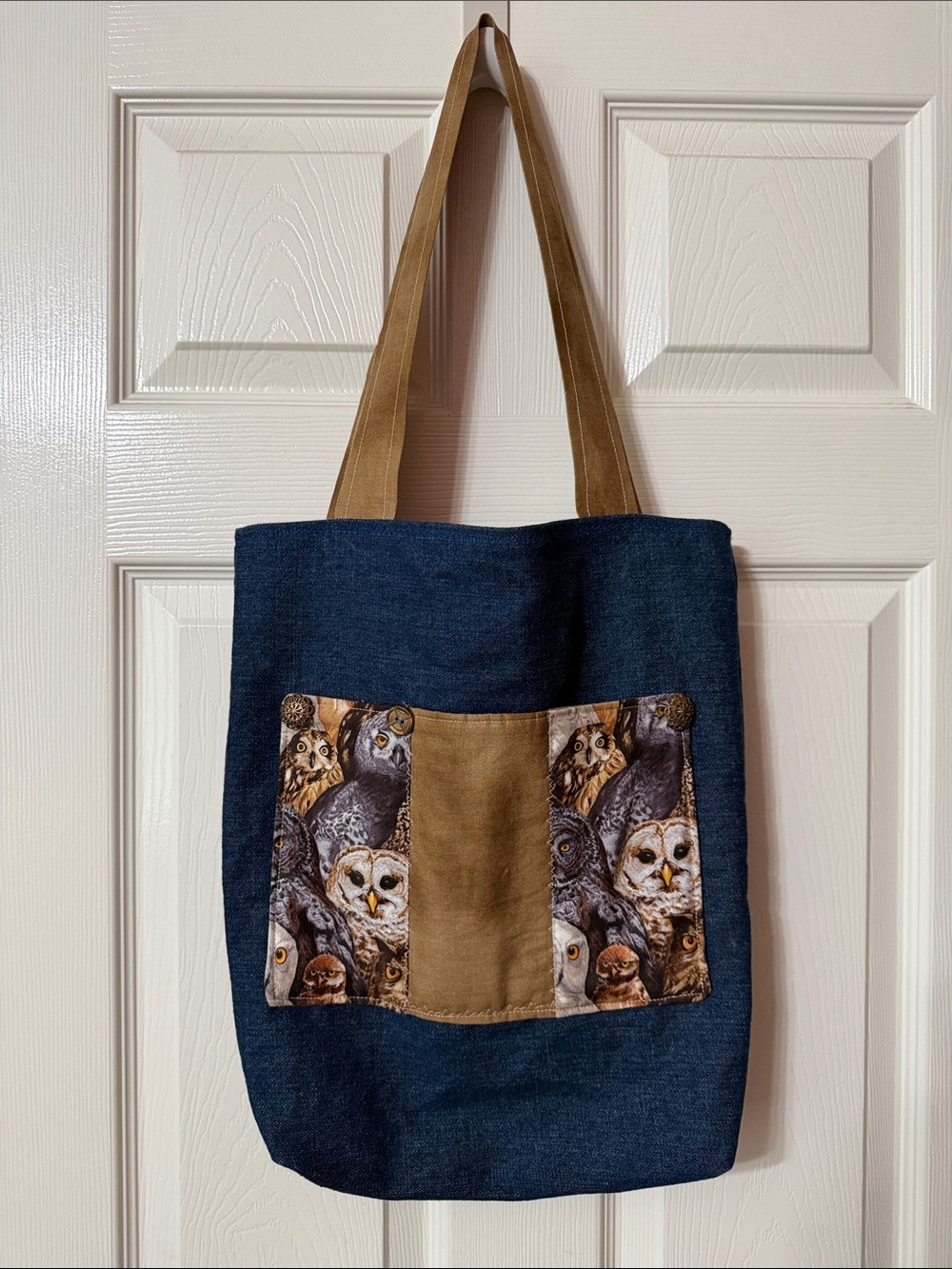 Denim Tote Bag with Owl Print Pocket Purse